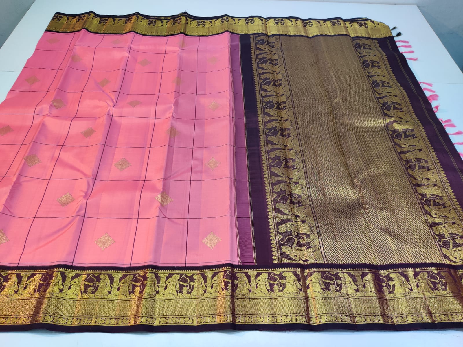 Exclusive Sita Rama Swayamvara Pure Korvai Checked Pattern Kanchipuram Silk Saree - Image 3