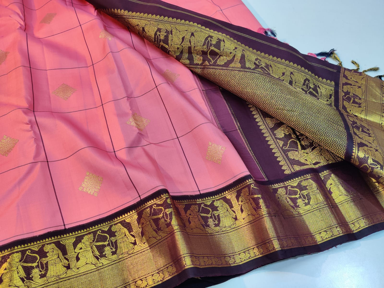 Exclusive Sita Rama Swayamvara Pure Korvai Checked Pattern Kanchipuram Silk Saree - Image 5