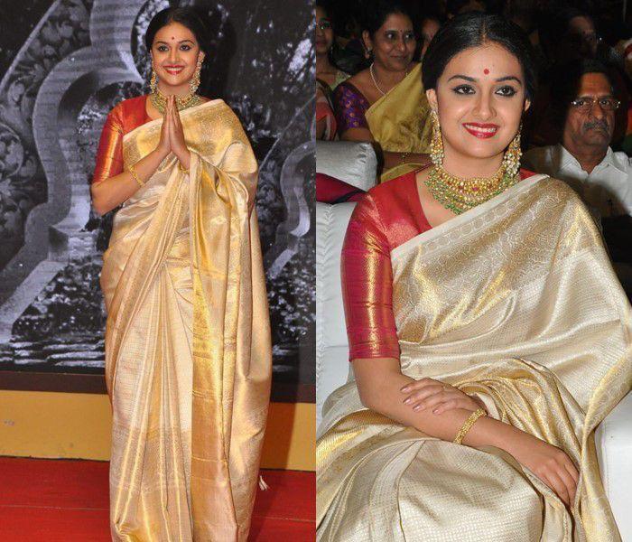 Celebrity Style - Keerthy Suresh Inspired Half White Pure Handloom Kanchipuram Silk Saree - Image 12
