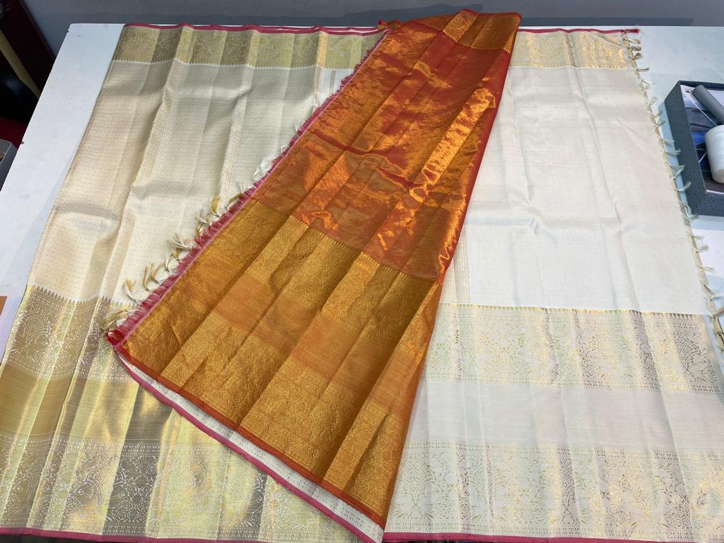 Celebrity Style - Keerthy Suresh Inspired Half White Pure Handloom Kanchipuram Silk Saree - Image 9