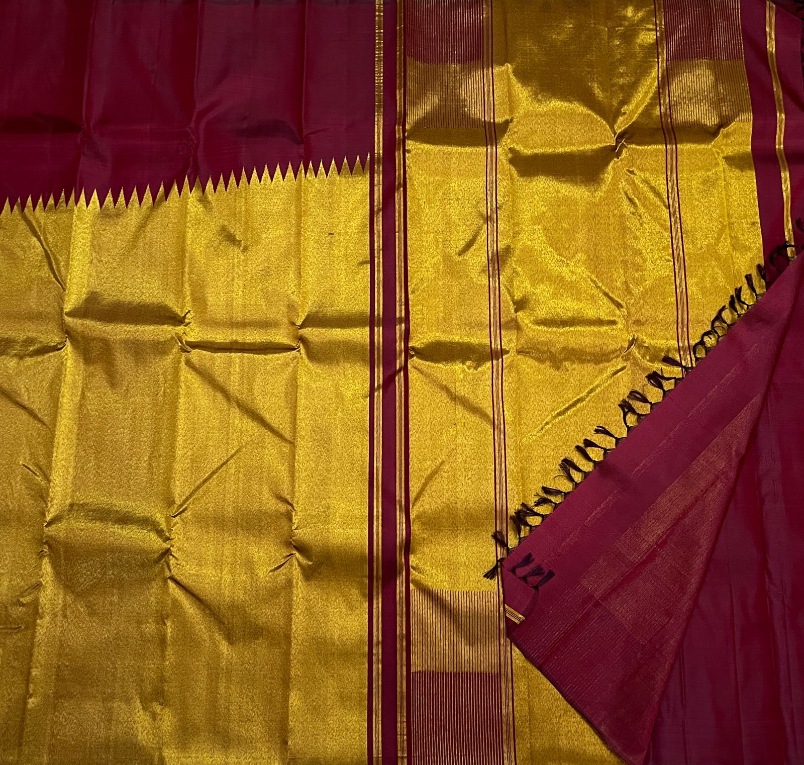 Maroon Raising Temple Border Kanchipuram Silk Saree - Image 7