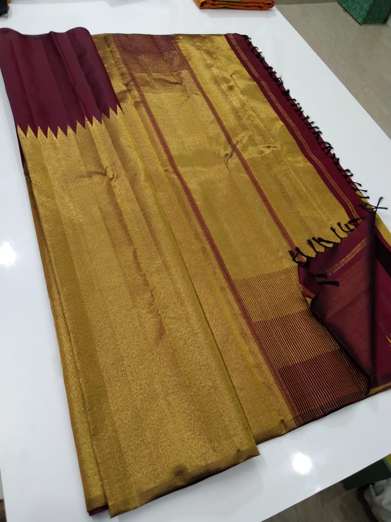 Maroon Raising Temple Border Kanchipuram Silk Saree - Image 8
