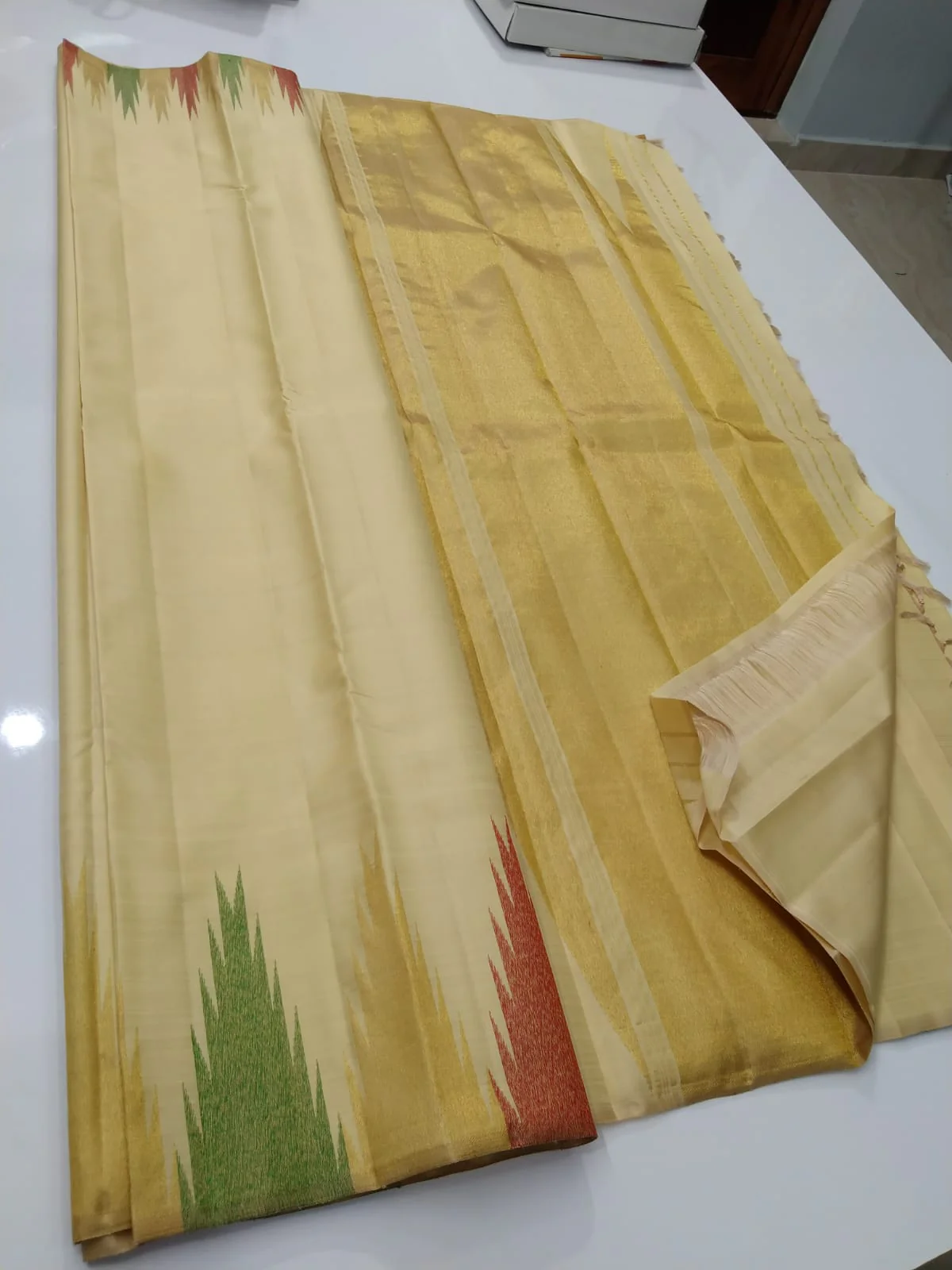 Pastel Sandal Temple Border Kanchipuram Silk Saree - Image 3