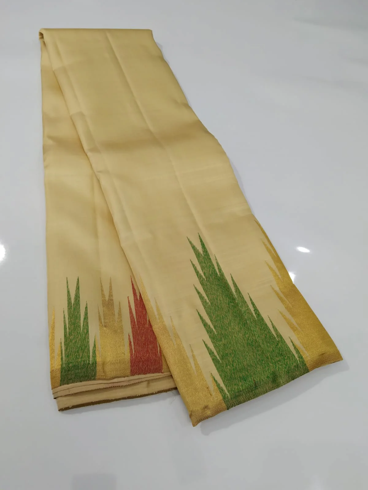 Pastel Sandal Temple Border Kanchipuram Silk Saree - Image 4