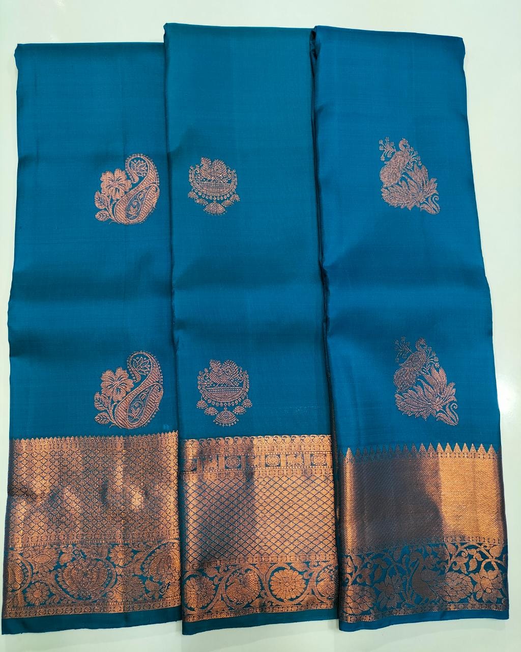 Pastel Shade Copper Zari Kanchipuram Silk Sarees - Image 5