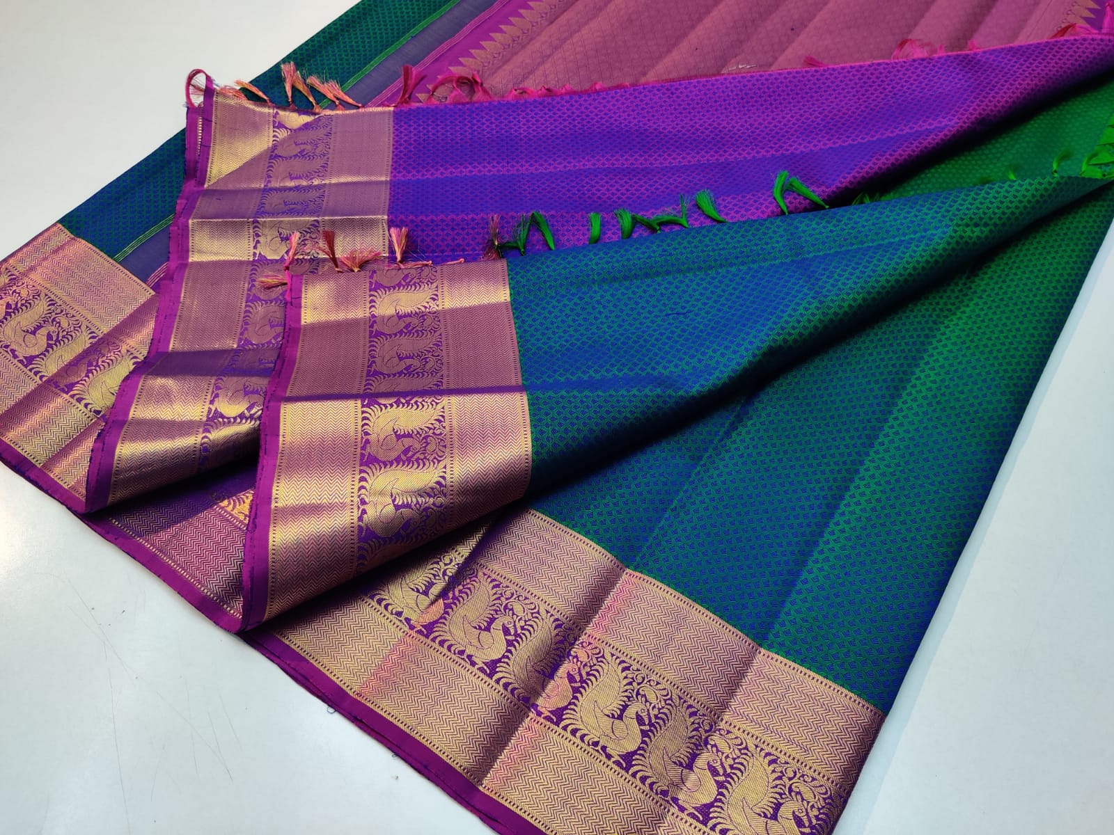 Peacock Blue Embossed Kanchipuram Pure Silk Saree - Image 3