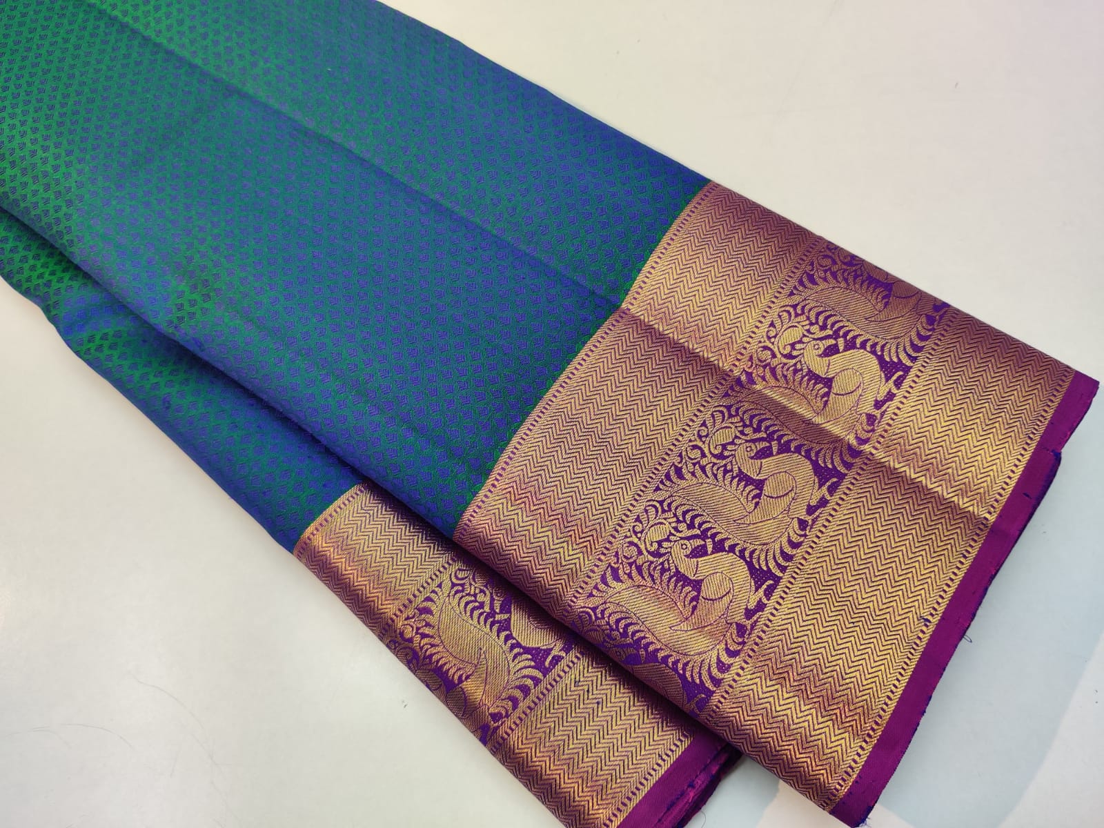 Peacock Blue Embossed Kanchipuram Pure Silk Saree - Image 4