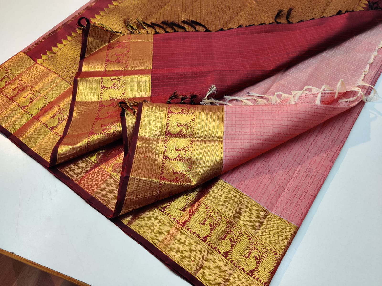 Pink Checked Kanchipuram Silk Saree - Image 3