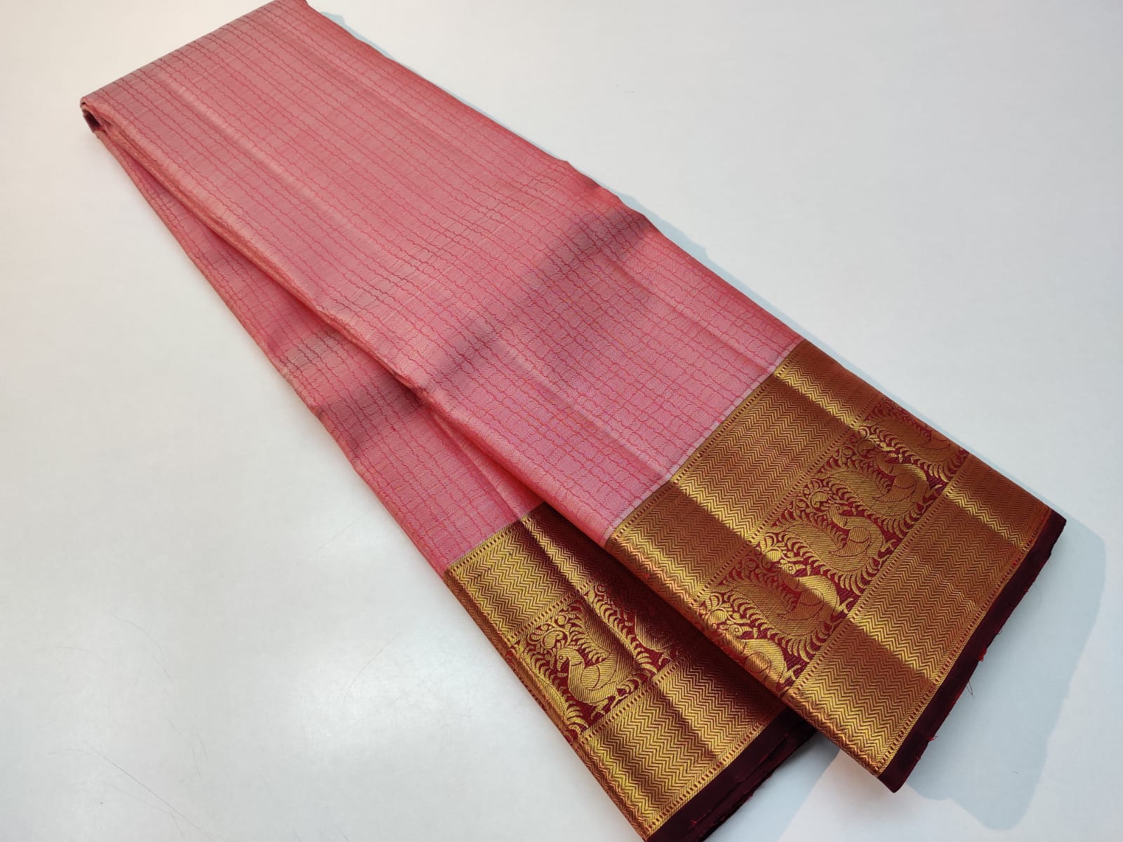 Pink Checked Kanchipuram Silk Saree - Image 4